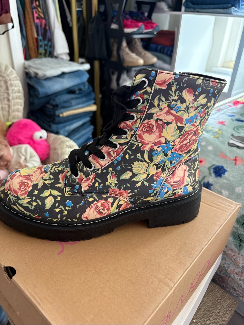 Floral Combat Boots Size 9.5